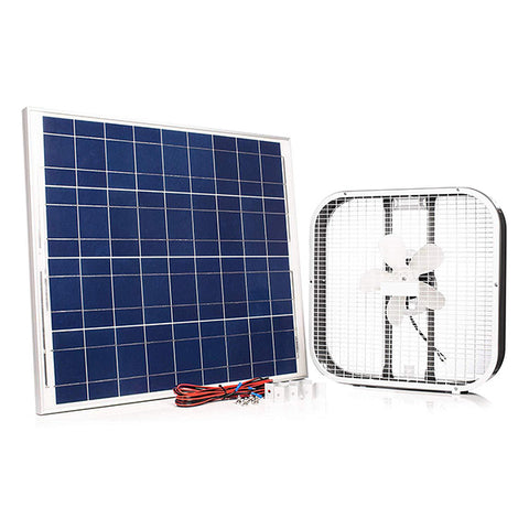 20 inch solar box fan with 100 watt panel, wires, and mounting hardware on white background